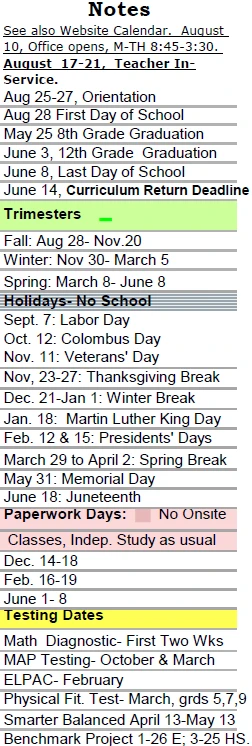 La Vida School Calendar Notes Page 1